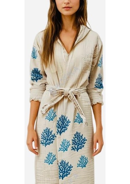 Mavi Mercan Desenli Pamuklu Müslin Kimono Bornoz Kaftan Sabahlık