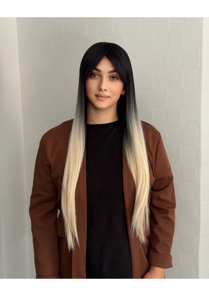 Düz Siyah Platin Ombreli Perçemli Uzun Peruk