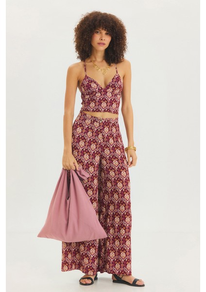 Desenli V Yaka Askılı Crop Top Mor fiyatları