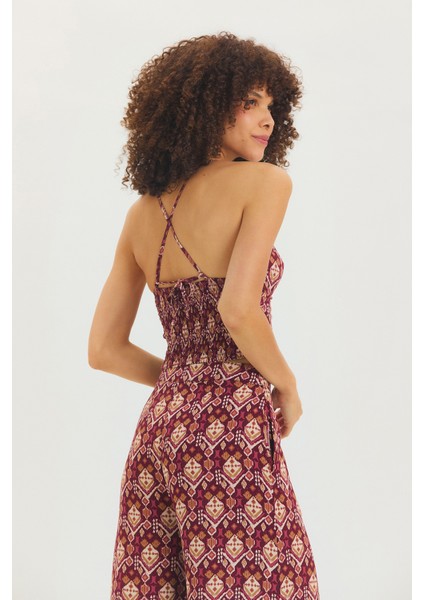 Desenli V Yaka Askılı Crop Top Mor indirimleri