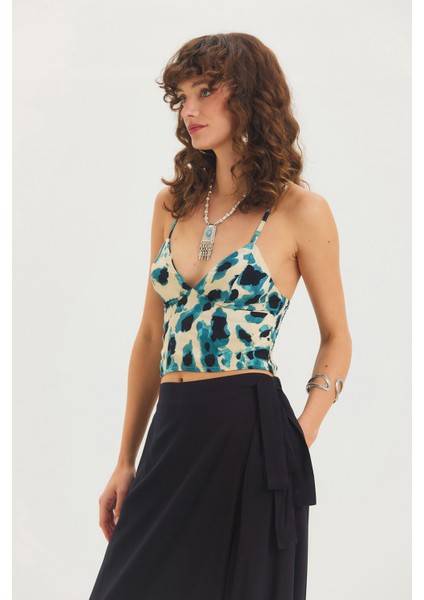 Desenli V Yaka Askılı Crop Top Mavi