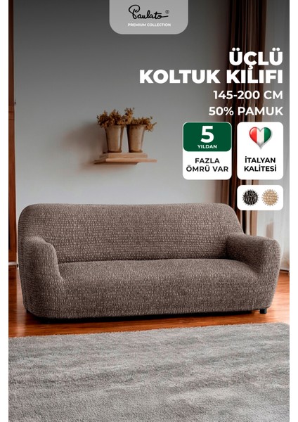 Lastikli Esnek ve Yıkanabilir 3 Kişilik Koltuk Örtüsü Çekyat Kanepe Kılıfı - Kahverengi