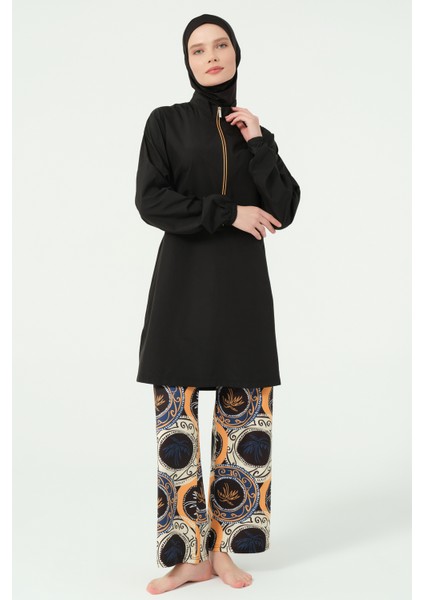 Pantolonu Desenli Yarı Fermuarlı Dik Yaka Tam Tesettür Mayo - 25311-25