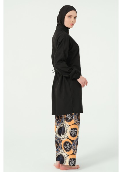 Pantolonu Desenli Yarı Fermuarlı Dik Yaka Tam Tesettür Mayo - 25311-25 fırsatları