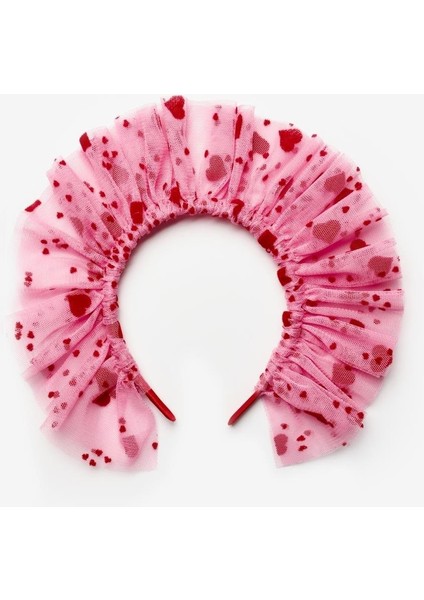 Pembe Flok Kalp Baskılı Kız Çocuk Tül Taç