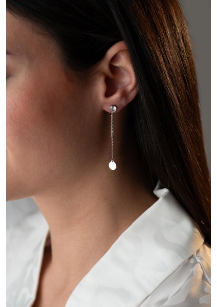 925 Ayar Gümüş Rodyum Kaplama 5 mm Tektaş Sallantılı Zincir Sade Yuvarlak Model Küpe