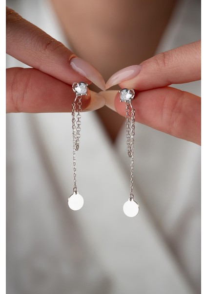 925 Ayar Gümüş Rodyum Kaplama 5 mm Tektaş Sallantılı Zincir Sade Yuvarlak Model Küpe fiyatları