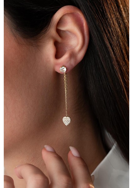 925 Ayar Gümüş Gold Kaplama 5 mm Tektaş Sallantılı Zincir Kalp Model Küpe