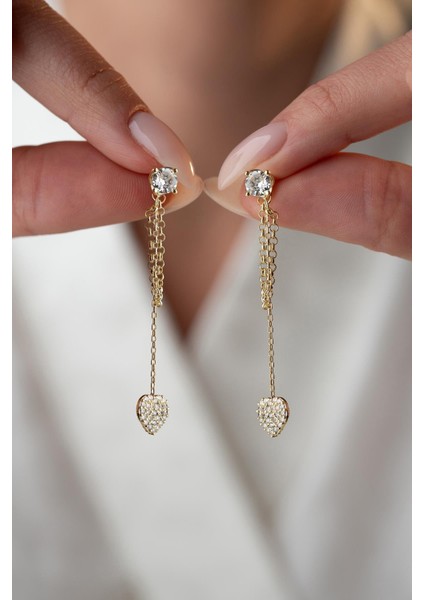 925 Ayar Gümüş Gold Kaplama 5 mm Tektaş Sallantılı Zincir Kalp Model Küpe fiyatları