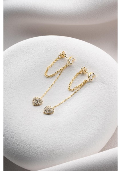 925 Ayar Gümüş Gold Kaplama 5 mm Tektaş Sallantılı Zincir Kalp Model Küpe modelleri