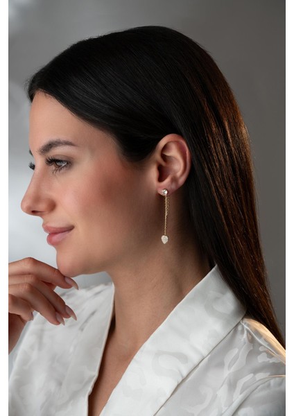 925 Ayar Gümüş Gold Kaplama 5 mm Tektaş Sallantılı Zincir Kalp Model Küpe fırsatları