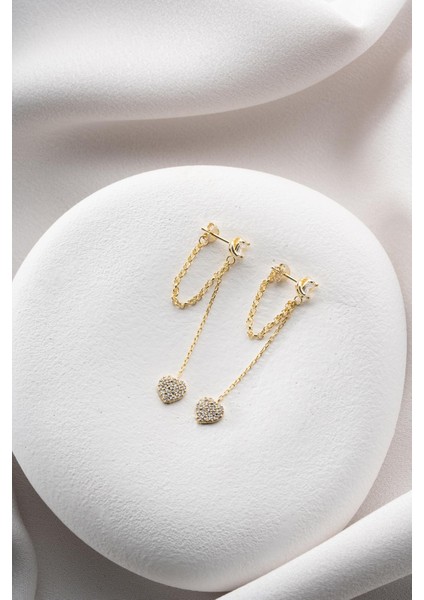 925 Ayar Gümüş Gold Kaplama 5 mm Tektaş Sallantılı Zincir Kalp Model Küpe indirimleri