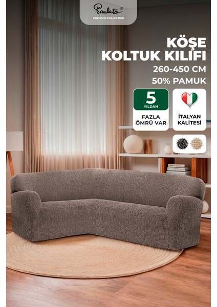 Lastikli Esnek ve Yıkanabilir L Köşe Koltuk Örtüsü Çekyat Kanepe Kılıfı - Kahverengi