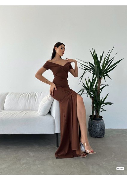 Fh Fashionhere Kadın Dalgıç Kumaş Kayık Yaka ve Dekolte Detaylı Elbise modelleri