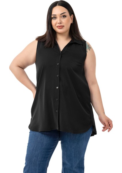 Büyük Beden Sırtta Plikaşe Detaylı Kolsuz Siyah Gömlek