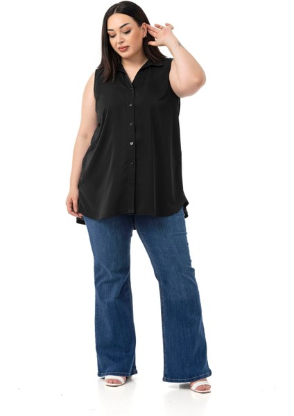 Büyük Beden Sırtta Plikaşe Detaylı Kolsuz Siyah Gömlek fiyatları