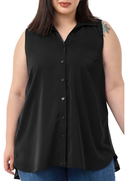 Büyük Beden Sırtta Plikaşe Detaylı Kolsuz Siyah Gömlek indirimleri