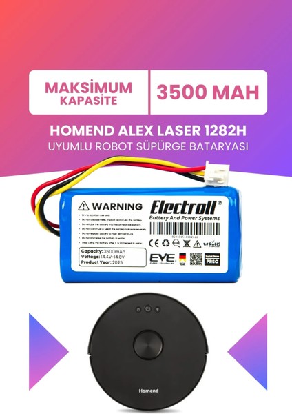 Homend Alex Laser 1282H Uyumlu Batarya (Maksimum Kapasite) 3500MAH Pil Robot Süpürge Bataryası