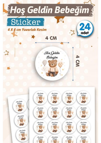 Hoş Geldin Bebeğim Etiket Yuvarlak 4cm (Erkek) 24 Adet Bebek- Yenidoğan Hediyelik - Çikolata Etiketi Sticker -T1128