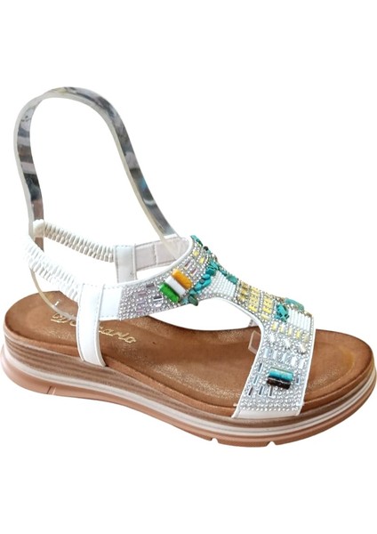 De Scarıo 2061 Kadın Taşlı Comfort Sandalet Beyaz