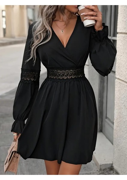 Fh Fashionhere Kadın Uzun Kollu Kruvaze Yakalı Dantelli Fermuar Detaylı Kısa Ithal Krep Elbise