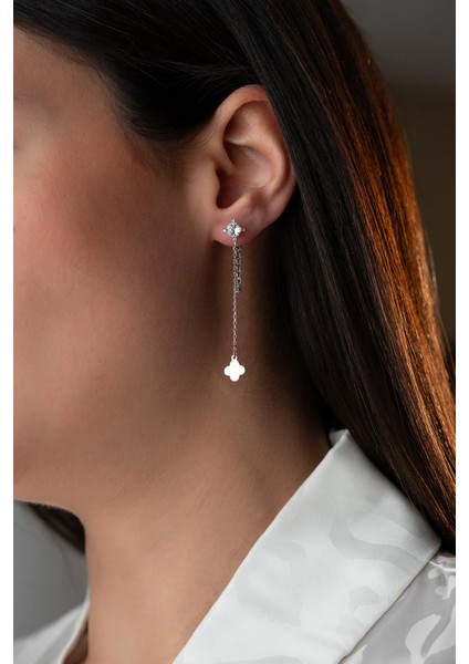 925 Ayar Gümüş Rodyum Kaplama 5 mm Tektaş Sallantılı Zincir Sade Yonca Model Küpe