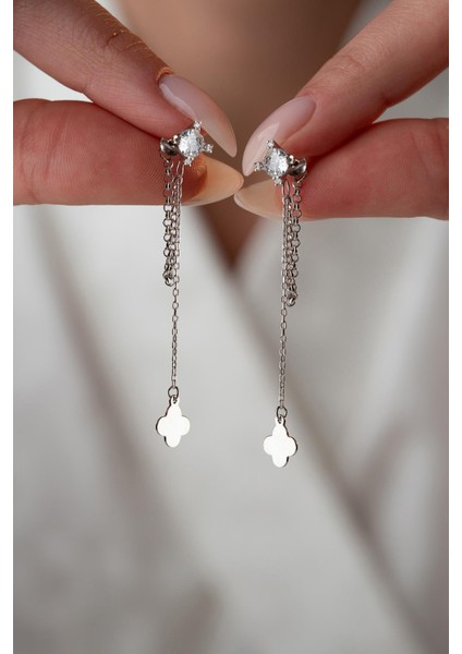 925 Ayar Gümüş Rodyum Kaplama 5 mm Tektaş Sallantılı Zincir Sade Yonca Model Küpe modelleri