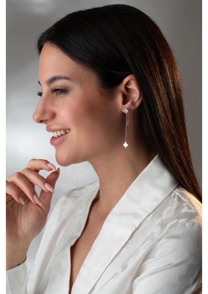 925 Ayar Gümüş Rodyum Kaplama 5 mm Tektaş Sallantılı Zincir Sade Yonca Model Küpe indirimleri