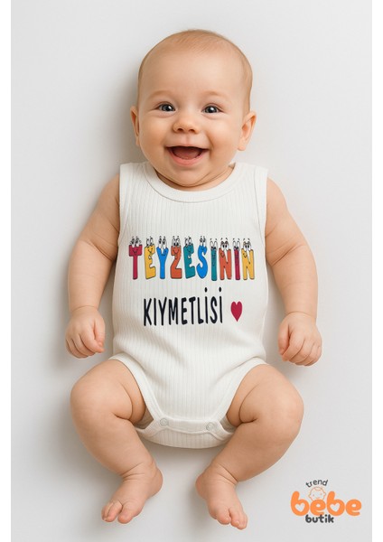 Teyzesinin Kıymetlisi Yazılı Renkli Baskılı Çıtçıtlı Ribana Bebek Zıbını Pamuk Body Tulum 6-36 Ay