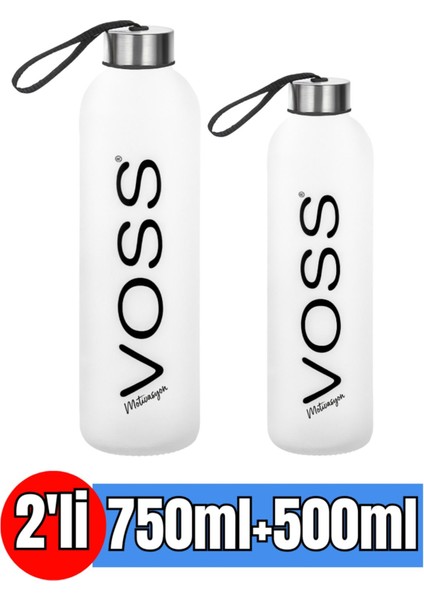 Voss Siyah 750ML+500ML Sporcu Cam 2'li Su Şişesi Motivasyonlu Sızdırmaz Matara Suluk
