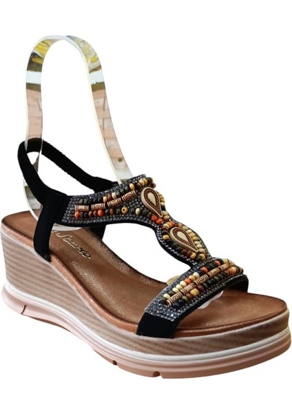 De Scarıo 1060 Kadın Taşlı Dolgu Topuklu Comfort Sandalet Siyah