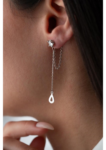 925 Ayar Gümüş Rodyum Kaplama 5 mm Tektaş Sallantılı Zincir Su Damlası Model Küpe