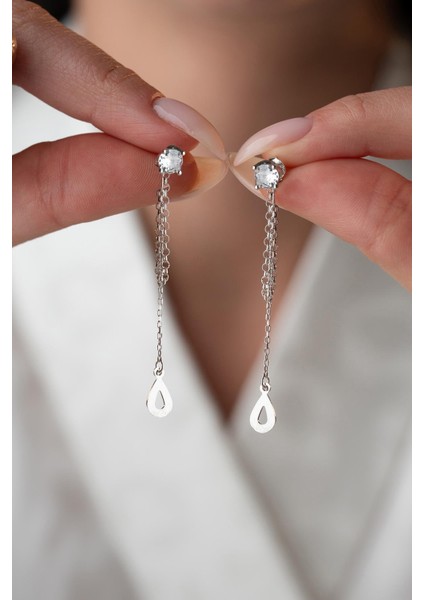 925 Ayar Gümüş Rodyum Kaplama 5 mm Tektaş Sallantılı Zincir Su Damlası Model Küpe fiyatları