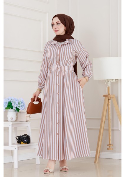 Çizgili Cepli Tesettür Elbise-Vizon