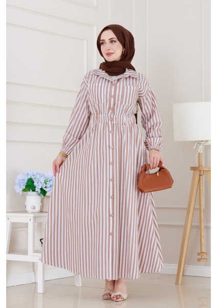 Çizgili Cepli Tesettür Elbise-Vizon fiyatları