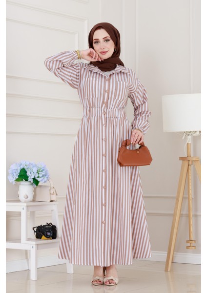 Çizgili Cepli Tesettür Elbise-Vizon modelleri