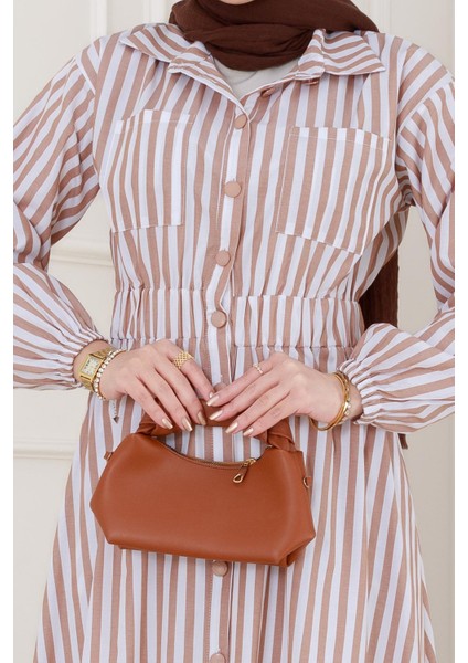 Çizgili Cepli Tesettür Elbise-Vizon fırsatları