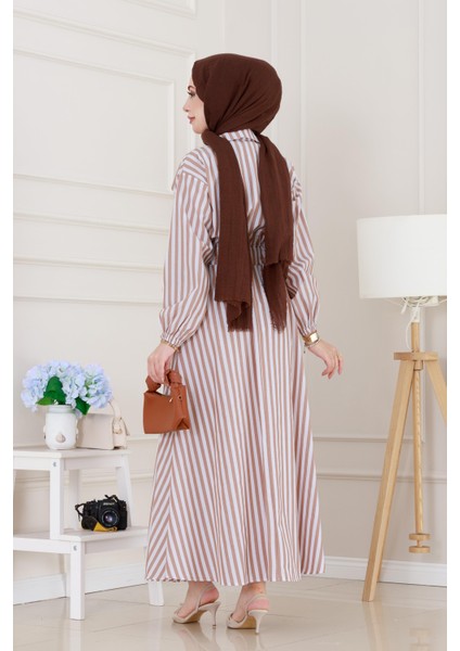 Çizgili Cepli Tesettür Elbise-Vizon indirimleri