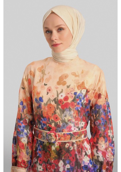 Şerit Detaylı Desenli Elbise 24Y9836 Şeftali modelleri