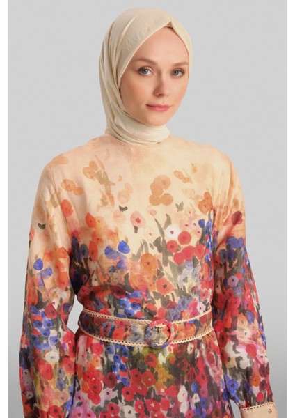 Şerit Detaylı Desenli Elbise 24Y9836 Şeftali fırsatları