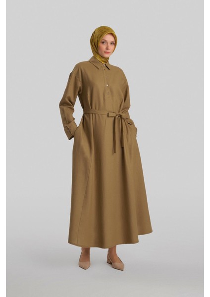 Kalın Manşetli Keten Elbise 24Y9830 Zeytin fiyatları