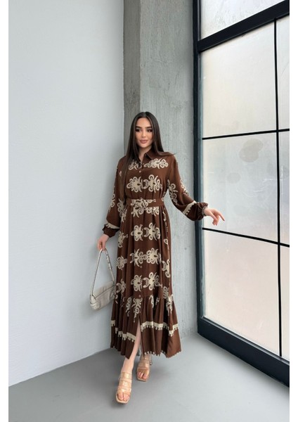 Etnik Desenli Viskon Uzun Kollu Kemerli Elbise