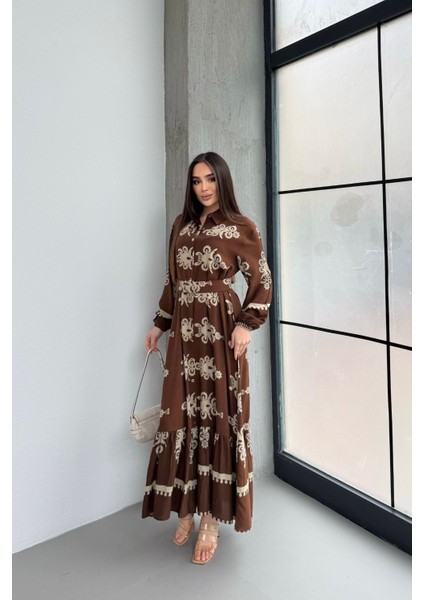 Etnik Desenli Viskon Uzun Kollu Kemerli Elbise fiyatları