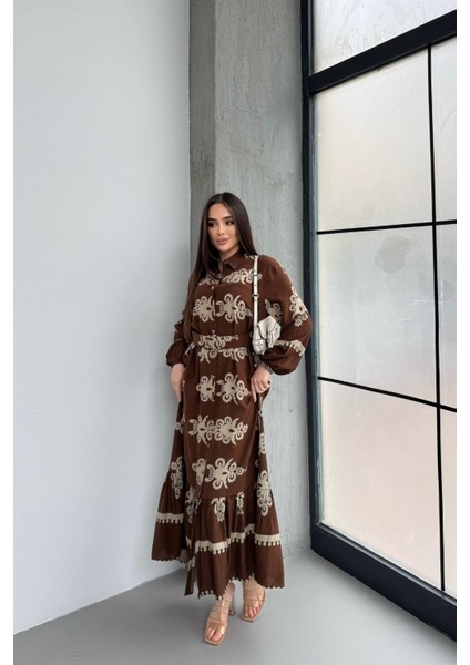Etnik Desenli Viskon Uzun Kollu Kemerli Elbise modelleri