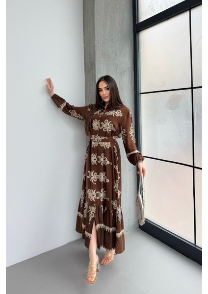 Etnik Desenli Viskon Uzun Kollu Kemerli Elbise fırsatları