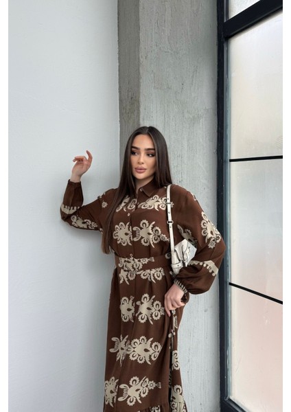 Etnik Desenli Viskon Uzun Kollu Kemerli Elbise indirimleri