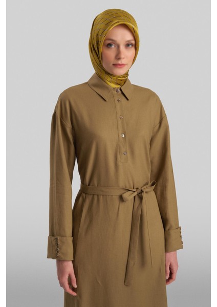Kalın Manşetli Keten Elbise 24Y9830 Zeytin modelleri