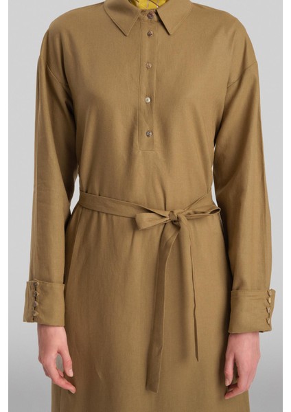 Kalın Manşetli Keten Elbise 24Y9830 Zeytin indirimleri