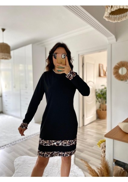 Fh Fashionhere Kadın Uzun Kollu Bisiklet Yaka Şerit Leopar Desenli Dalgıç Elbise