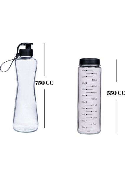 2li Cam Matara Seti 750 ml Cam Su Matarası 550 cc Ölçekli Cam Su Matarası Cam Suluk,waterfresh